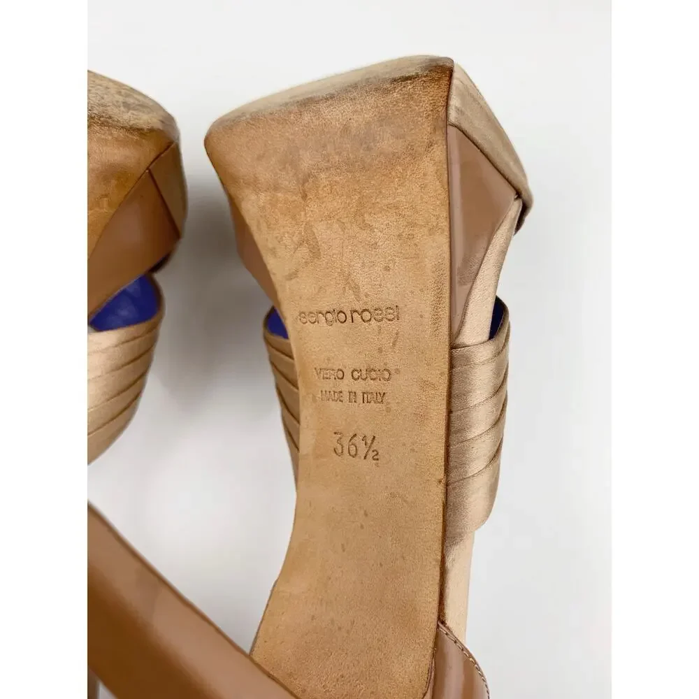 Sergio Rossi Platform Stiletto Sandals High Heels Tan Leather Womens 36.5 US 6.5